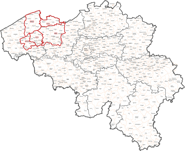 Administratieve kaart met plaatsaanduiding oude gemeenten. Overzicht 50d en 20d. Inkleuring gemeenten mogelijk