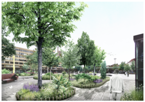 Place Flagey à Bruxelles, visualisation des nouveaux espaces verts. (source : Kollektif landscape / Fallow)